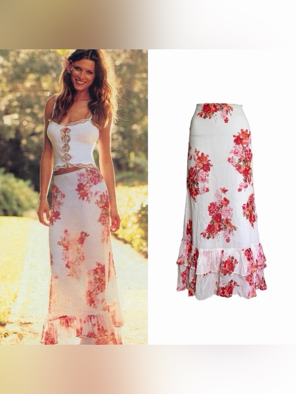 1990s Floral Ruffle Maxi Skirt As Seen On Veronika Varekova